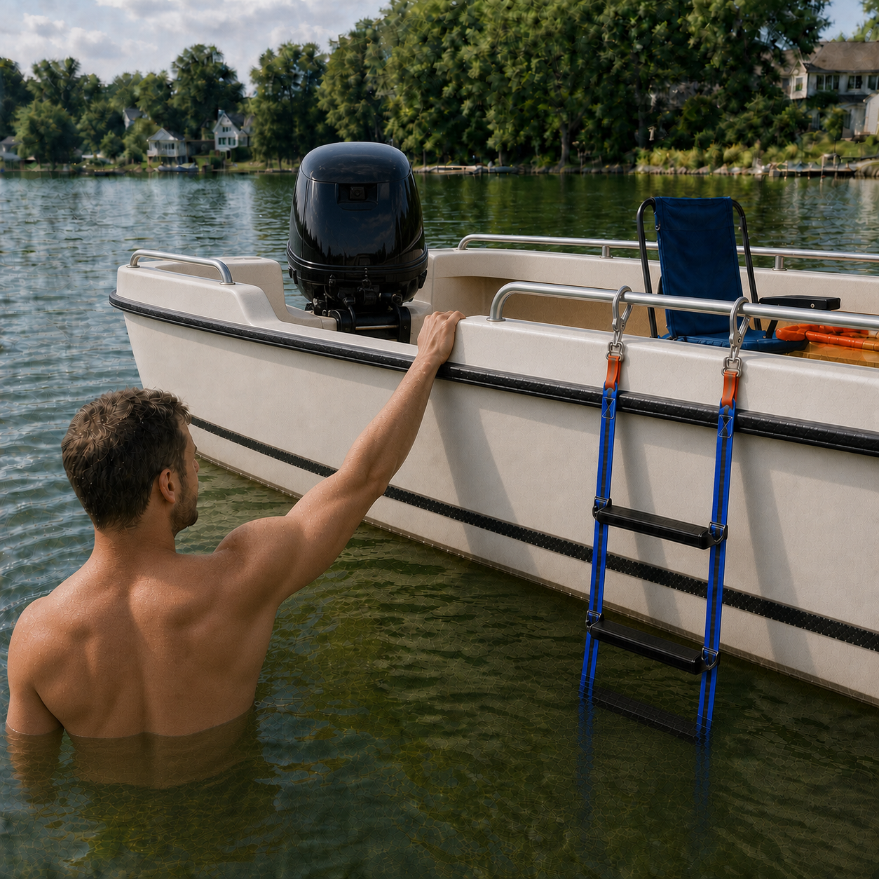 A DOVACS five-step soft ladder secured to the safety rail of a low-sided outboard boat