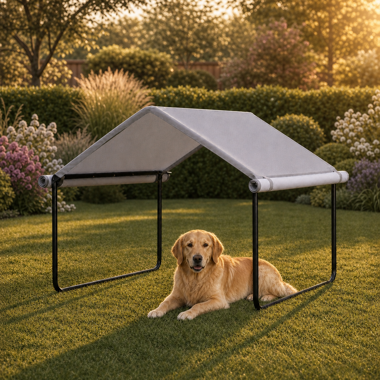 A golden retriever resting beneath a DOVACS canopy in a warm backyard garden