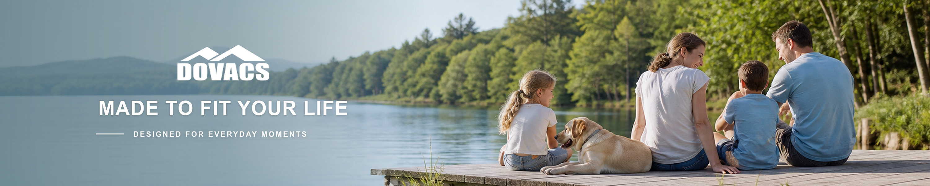 A family and their dog enjoying a lakeside day — Made to fit your life